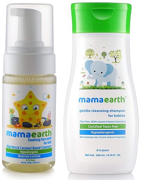 Mamaearth Foaming Baby Face Wash for Kids with Aloe Vera and Coconut Based Cleansers, 120 ml & Gentle Cleansing Shampoo for Babies (200 ml, 0-5 Yrs) Combo