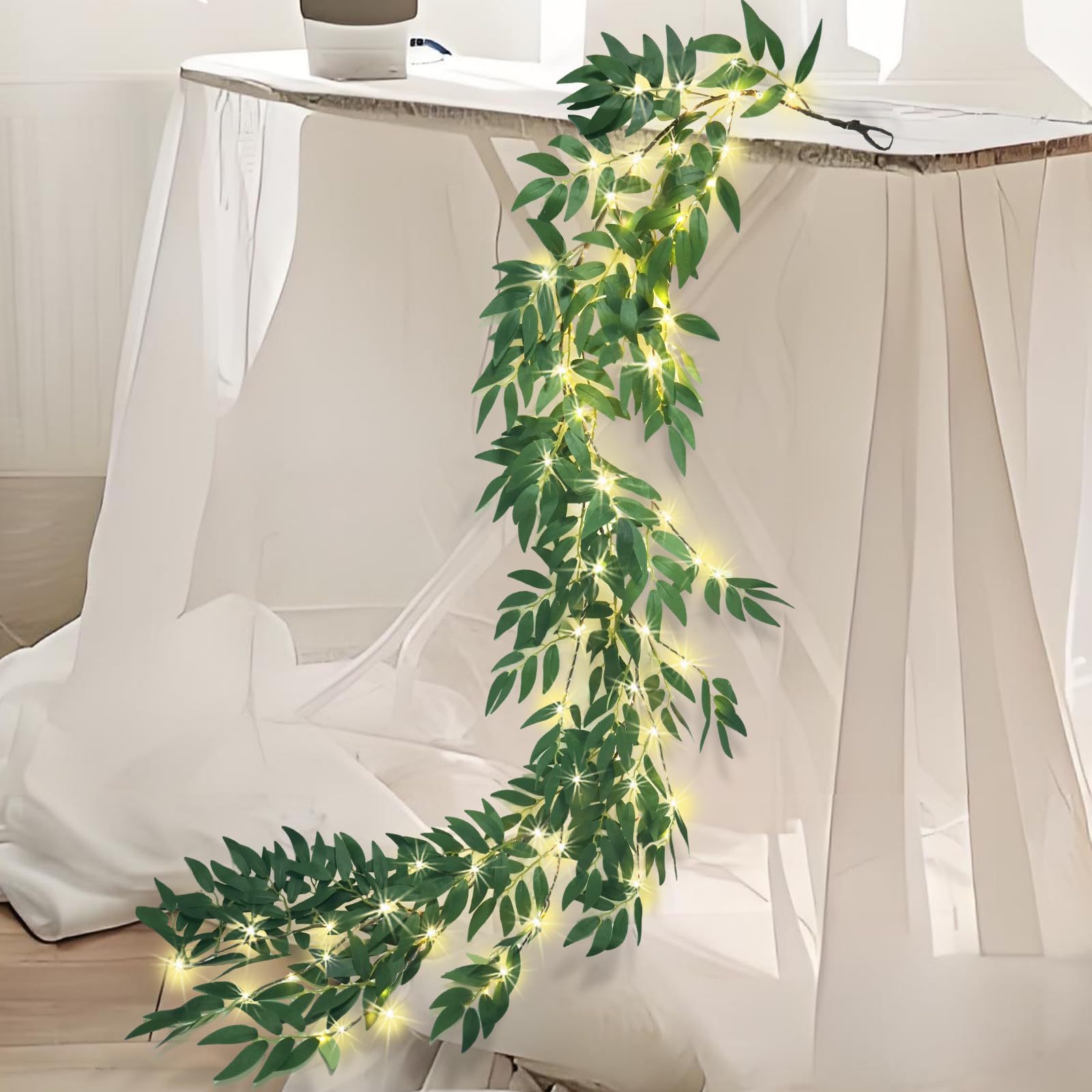 Green Vines Garland with Lights 96 LED Battery Operated with Timer Faux Willow Leaves Twig with Lights Greenery Garlands Decortions for Mantel Fireplace Table Wall Patio Wedding Holiday Home Decor