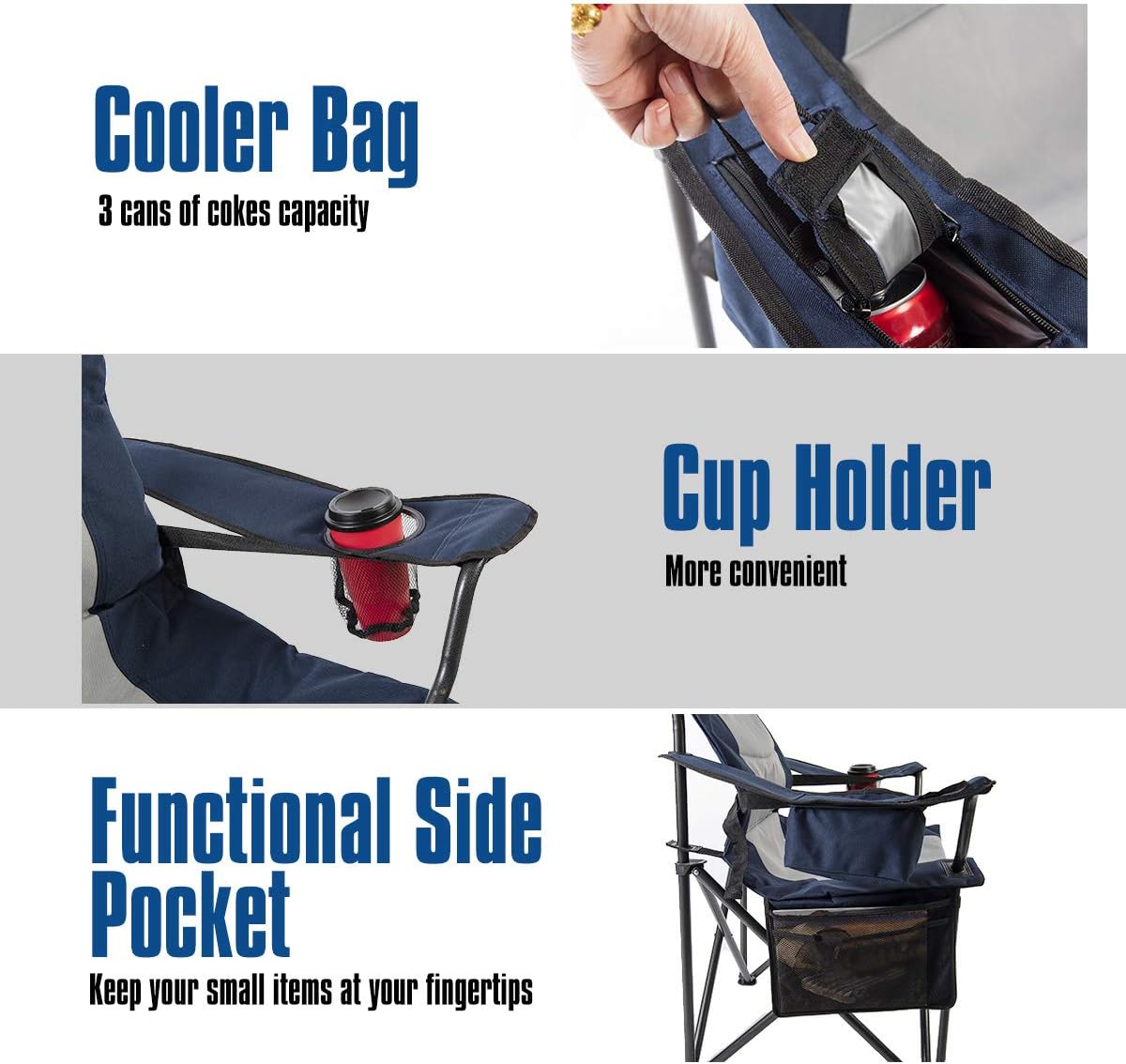 Coastrail Outdoor Camping Chair with Lumbar Back Support, Oversized Padded Lawn Chair Folding Quad Arm Chair with Cooler Bag, Cup Holder & Side Pocket, Supports 400lbs : Sports & Outdoors
