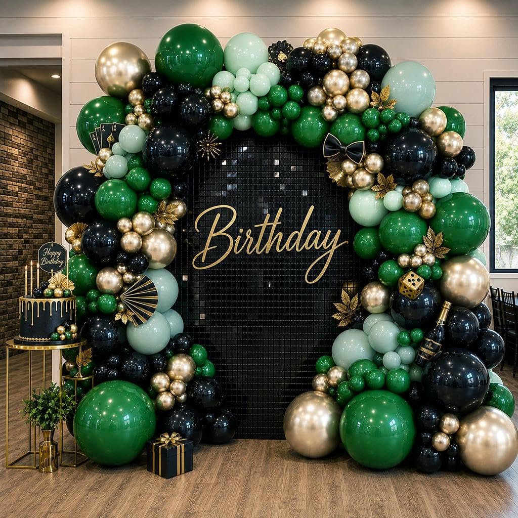 Grüne schwarze Ballon-Girlande, staubige grüne Luftballons, dunkelschwarzer Salbei, Goldballons für Abschlussfeier, Babyparty, Brautparty, Dschungel, Geburtstag, Abschlussball, Party-Dekorationen