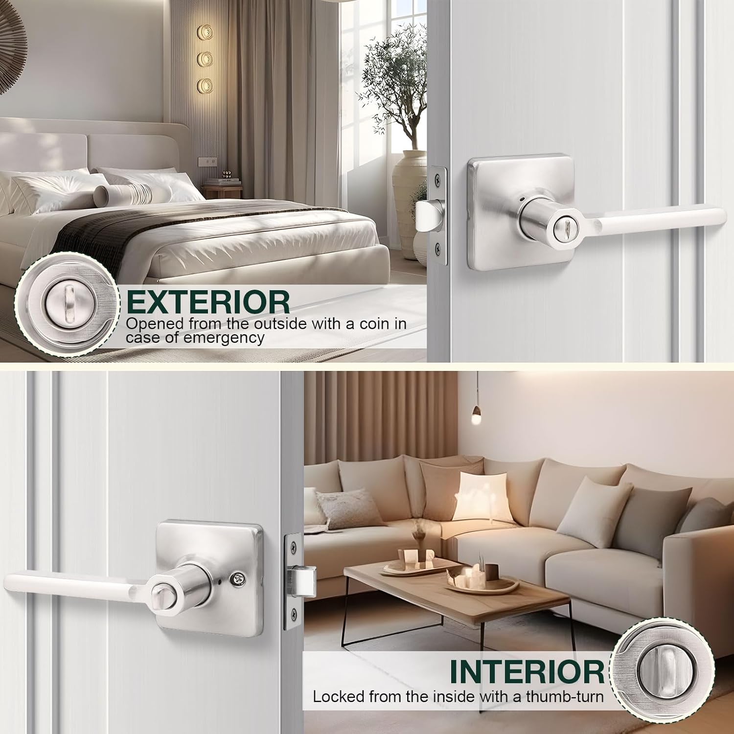 GOBEKOR 3 Pack Brushed Nickel Interior Door Handles Nickel Privacy Door Levers Keyless Bedroom Bathroom Door Handle with Lock Square Door Knobs Privacy Lever Door Handles