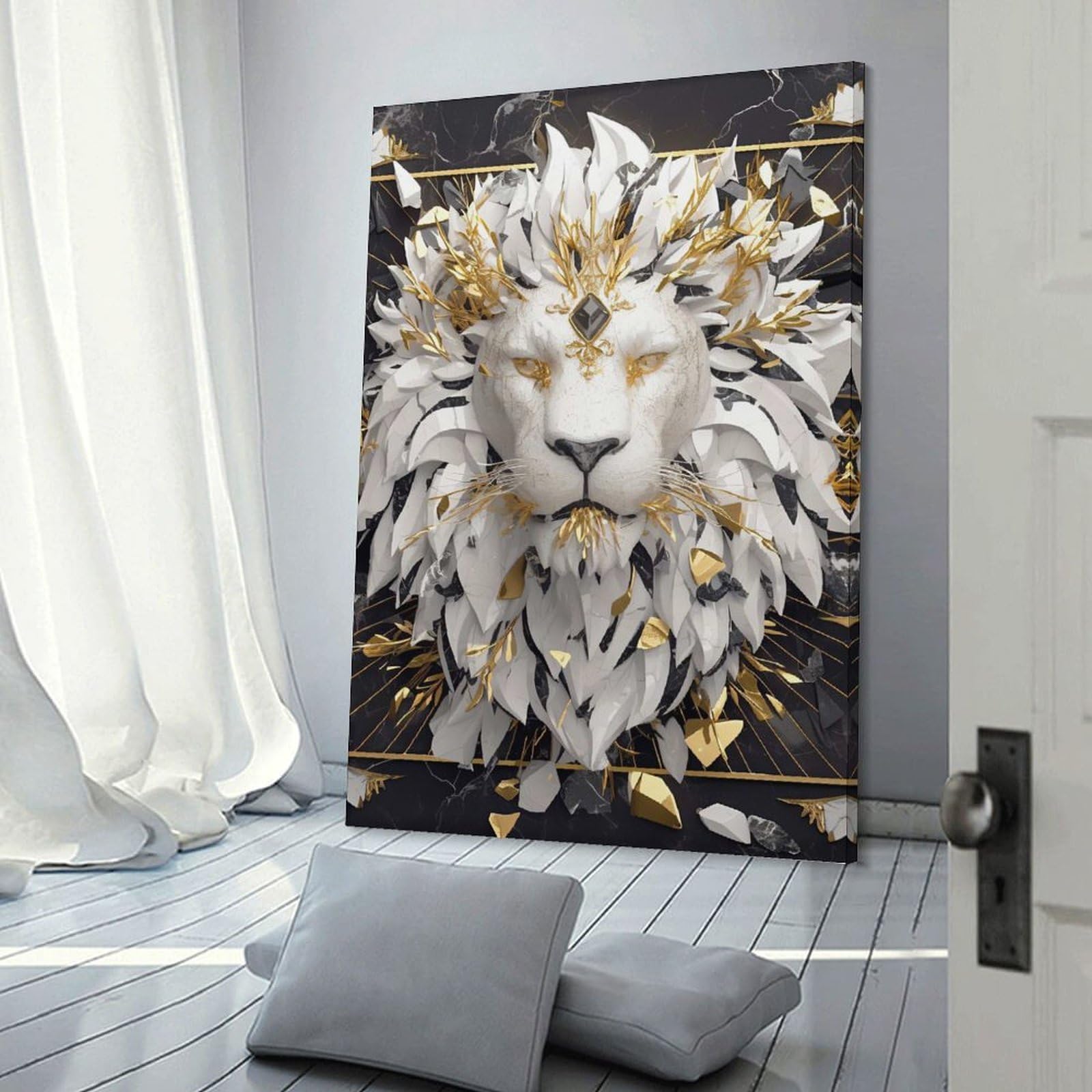 Junmoney Frame-Style-20 Canvas Wall Picture Lion With Golden Crown On Marble, 24X36inch(60X90cm), For Bedroom, Lounge Or Dressing Area, Stylish Decor For A Restful Room Update