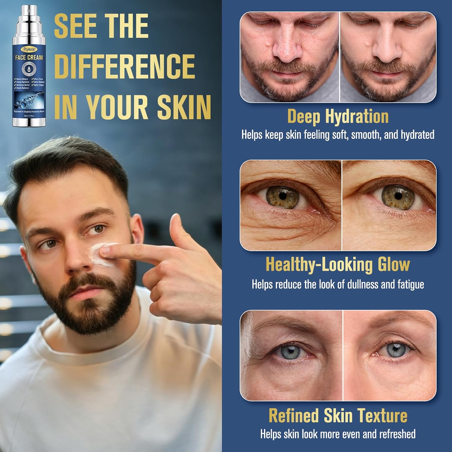 Men’s Facial Moisturizer – 6-in-1 Daily Face Cream for Men with Hyaluronic Acid & Vitamin C, Lightweight Non-Greasy Formula for Dry Skin, Fine Lines, Dark Circles & Puffiness, Quick Absorbing