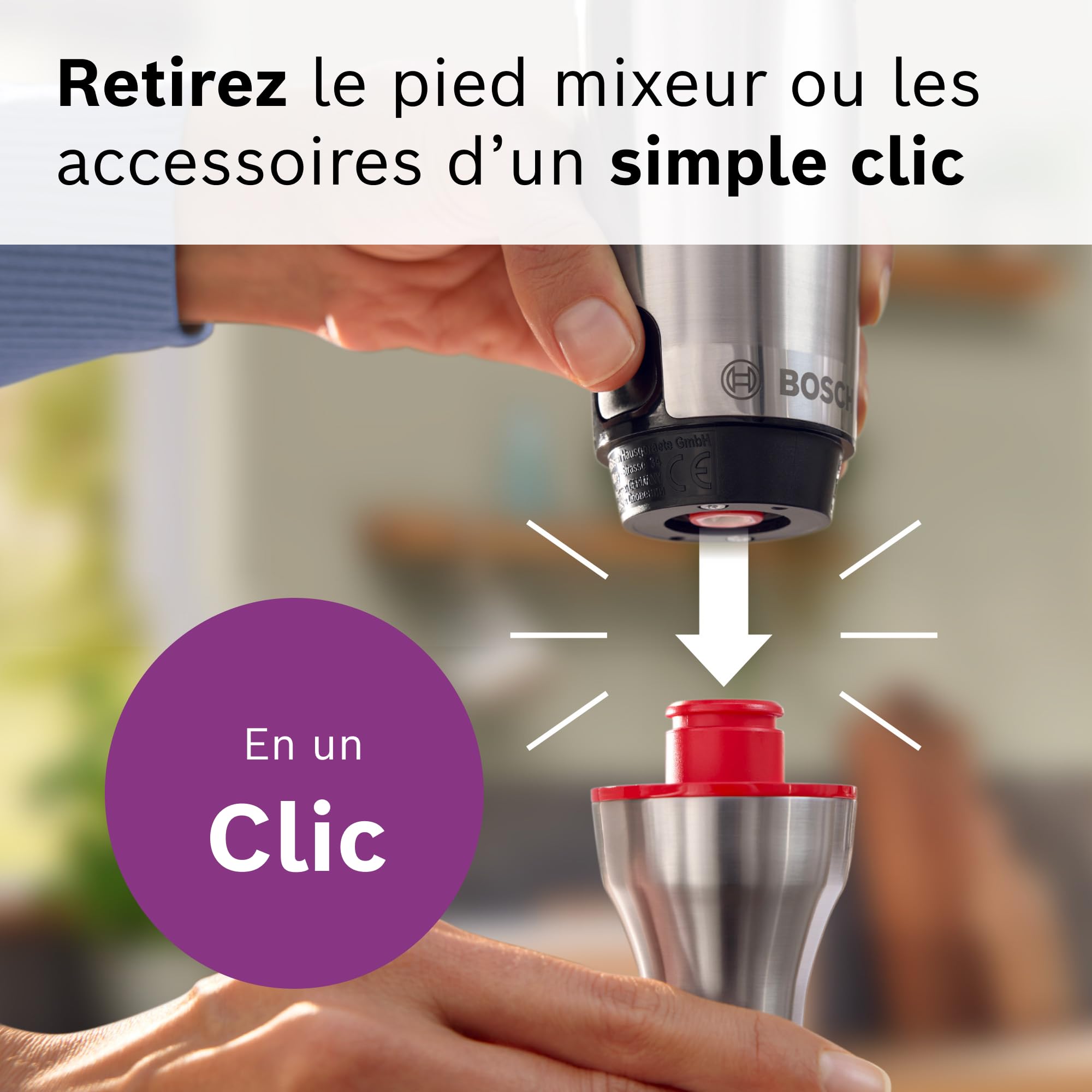 Bosch, mixeur plongeant, ErgoMaster Série 8, moteur 1500 W, réglage de vitesse intuitif, 6 lames, accessoires inclus, acier inoxydable, MSM8M930