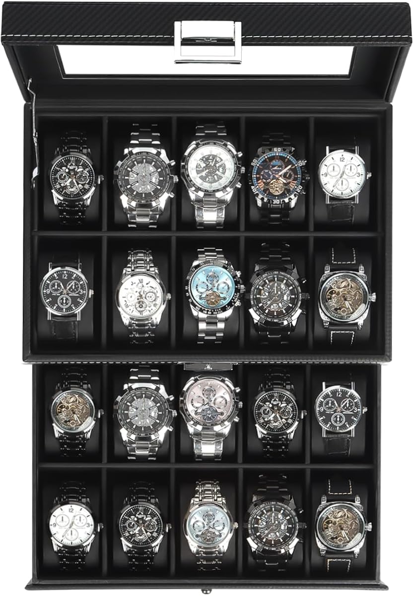Kukikan Caja de reloj para hombre organizador de joyas, caja de reloj de 2 capas y 20 ranuras -Negro | Almacenamiento de relojes con cerradura de 2 capas para hombres, tapa de vidrio grande, joyero para accesorios de habitación para hombres, soporte para exhibición de relojes con cajón