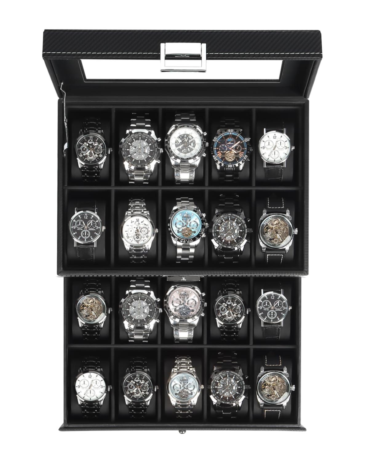Watch Case for Men, 20-Slot 2-Layer Watch Box with Large Glass Lid, Watch Storage Organizer with Removable Watch Pillows, Men's Jewelry Box with Lock,