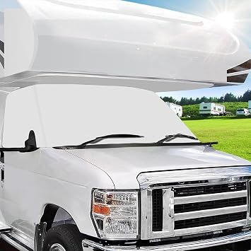 Mofeez RV Windshield Cover Compatible with Class C Ford 1997-2025, UV Block Offer Complete Privacy with Light Preserves Interior White Color with Mirror Cutouts