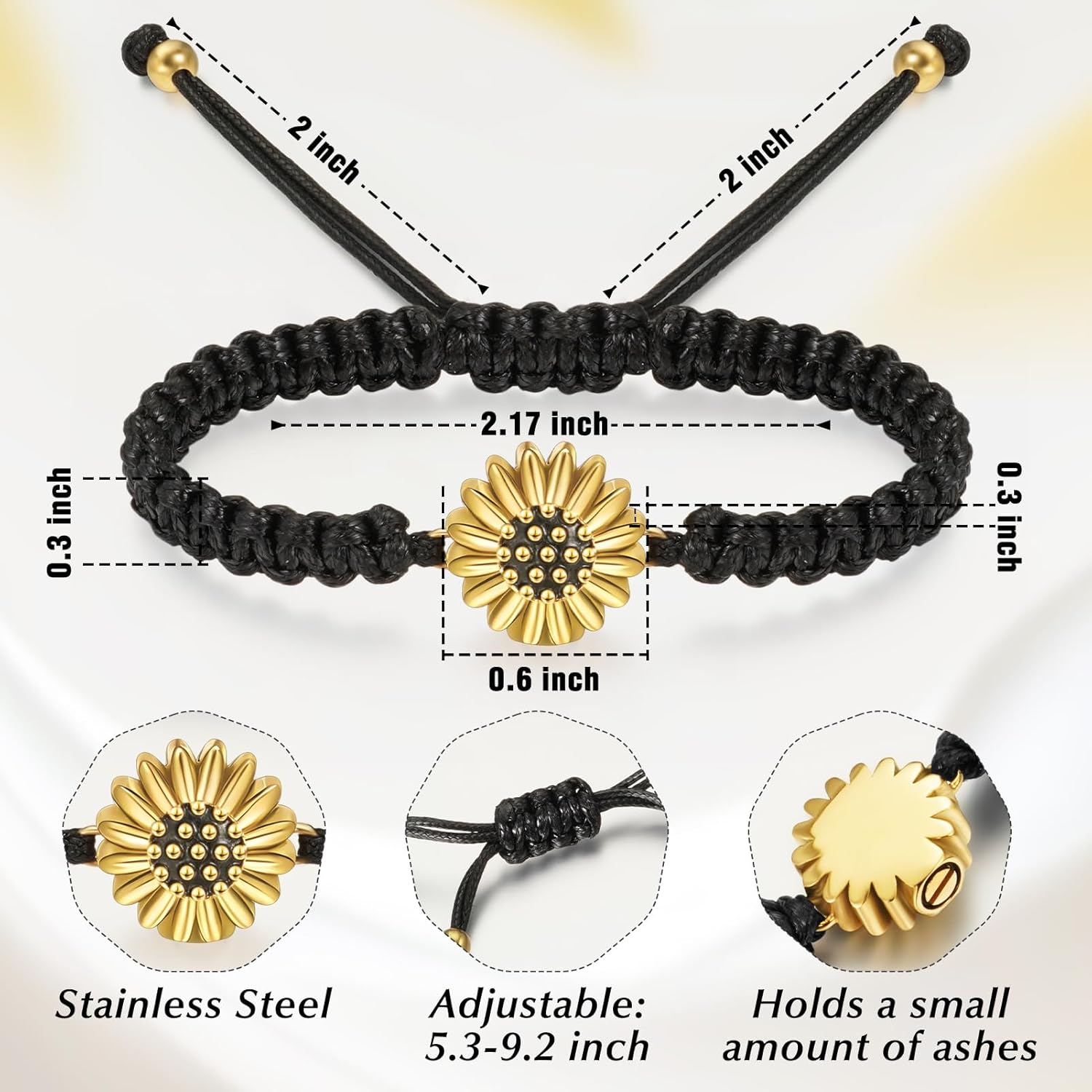 abooxiu Urn Bracelet for Ashes Sunflower Cremation Jewerlry Ashes Bracelet Memorial Cremation Bracelets Urn Jewelry for Ashes of Loved Ones Adjustable Braided Rope for Women