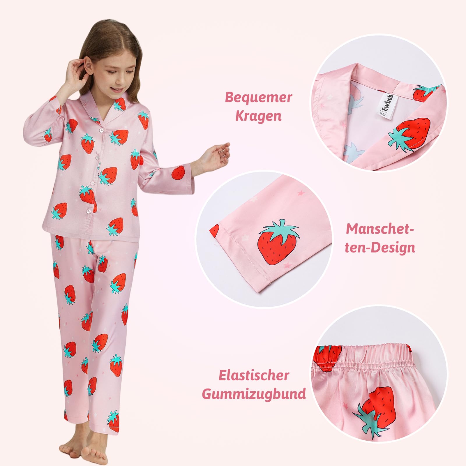 Schlafanzug Mädchen Kinder,Niedliche Pyjamas Sets,Satin Pyjama für Mädchen 5-14 Jahre