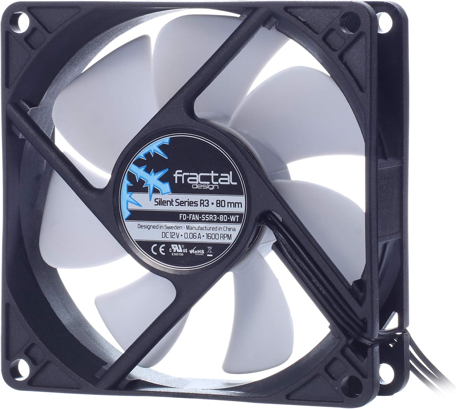 Fractal Design Silent Series R3 White - Silent computer fan - Optimized for quiet operation - 80 mm - Rotational speed 1600 RPM - Black ribbon cable - Rifle bearings - 12v - Black/White (Single)