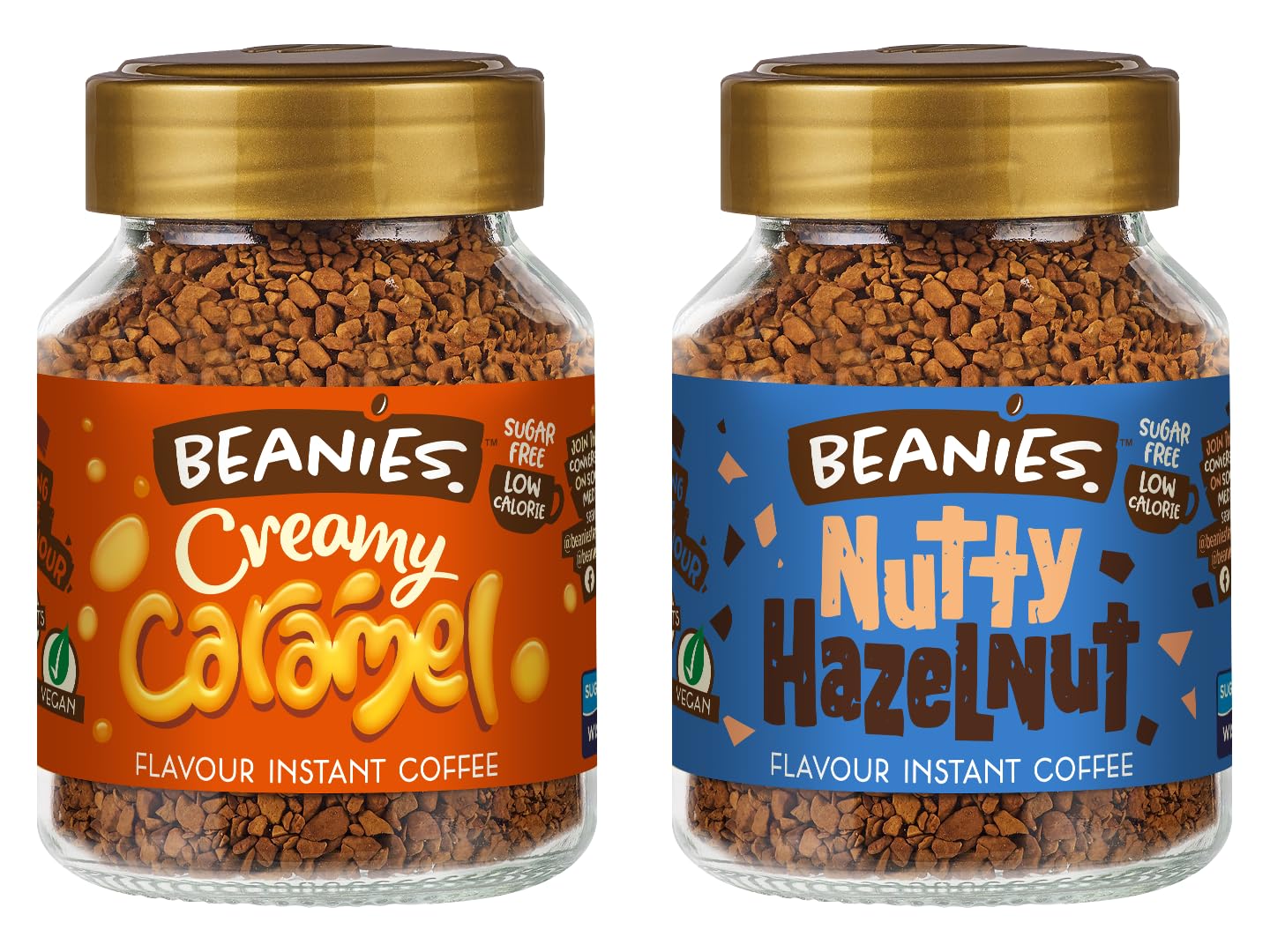 Beanies Instant Coffee with Creamy Caramel x 4 and Nutty Hazelnut x 4 Flavours, 400g (50g x 8 pack) - Delicious, Rich in Flavour, Low-Calorie, Sugar-Free, Suitable For Vegetarians And Vegans