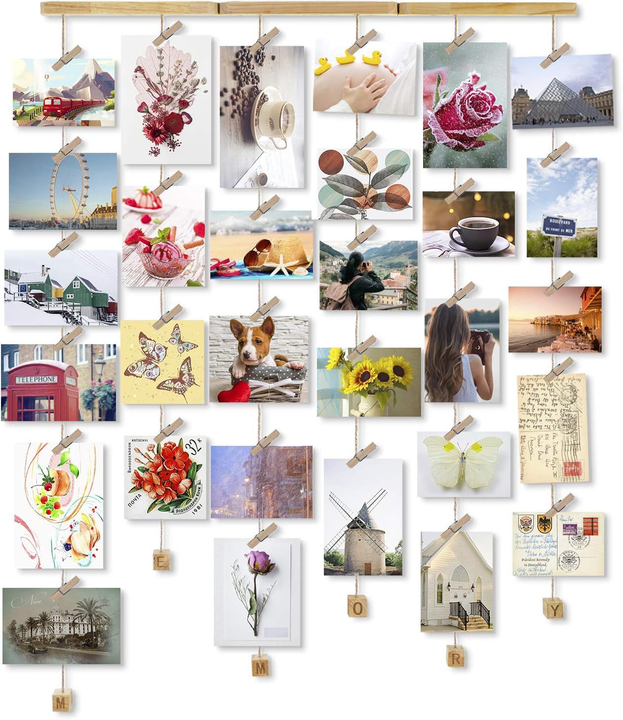 Love-KANKEI Memory Bilderrahmen Collage Fotorahmen Holzbilderrahmen mit 30 Kleinen Holzklammern Ideal Geschenk für Geburtstag Hochzeit Weihnachten usw.