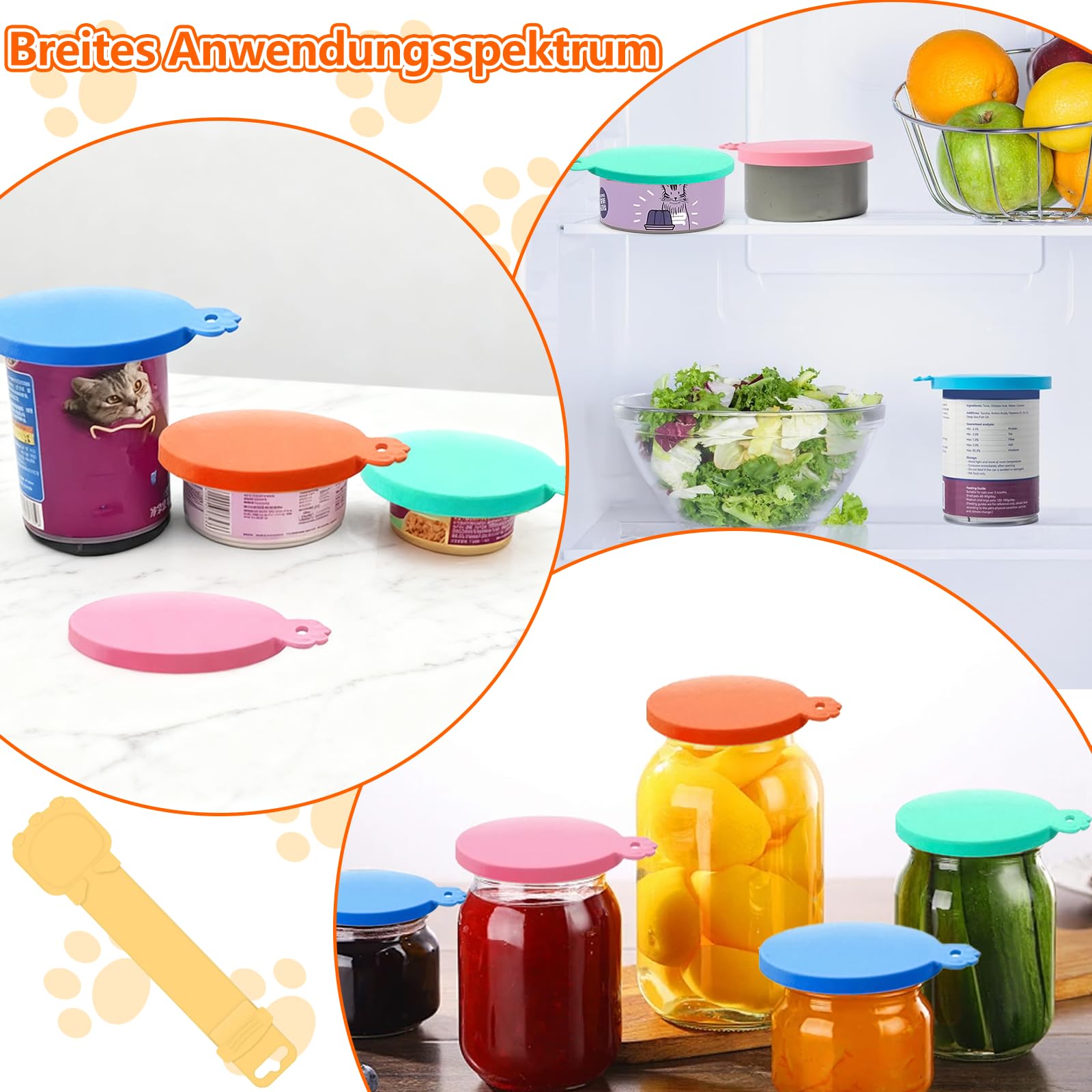 4 Couvercles Silicone + Cuillère – Couvercles Universels (6,5/7,5/8,5 cm), Extensibles & Réutilisables, Sans BPA, Lavable au Lave-vaisselle – Pour Boîtes de Nourriture Animaux