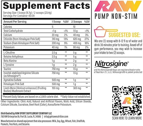 Miniatura 2 de RAW Pump Stim Free Pre Workout (Raspberry Lemonade) - Non-Stimulant Pre Workout Supplement Powder Nitric Oxide Booster - Pre Workout Supplements