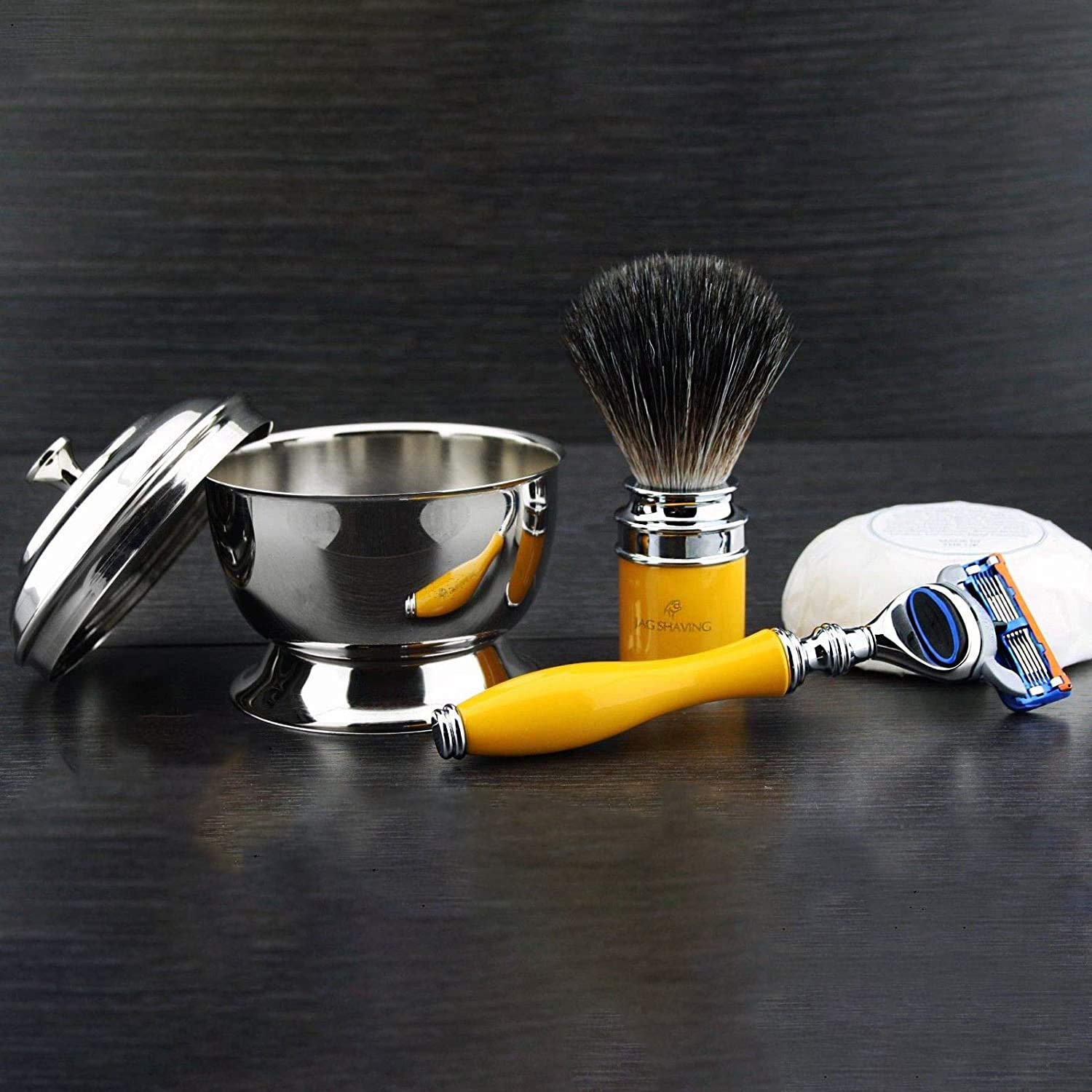 Jag Shaving Yellow męski zestaw do golenia z brzytwą, pędzlem do golenia, tacką i mydłem do golenia