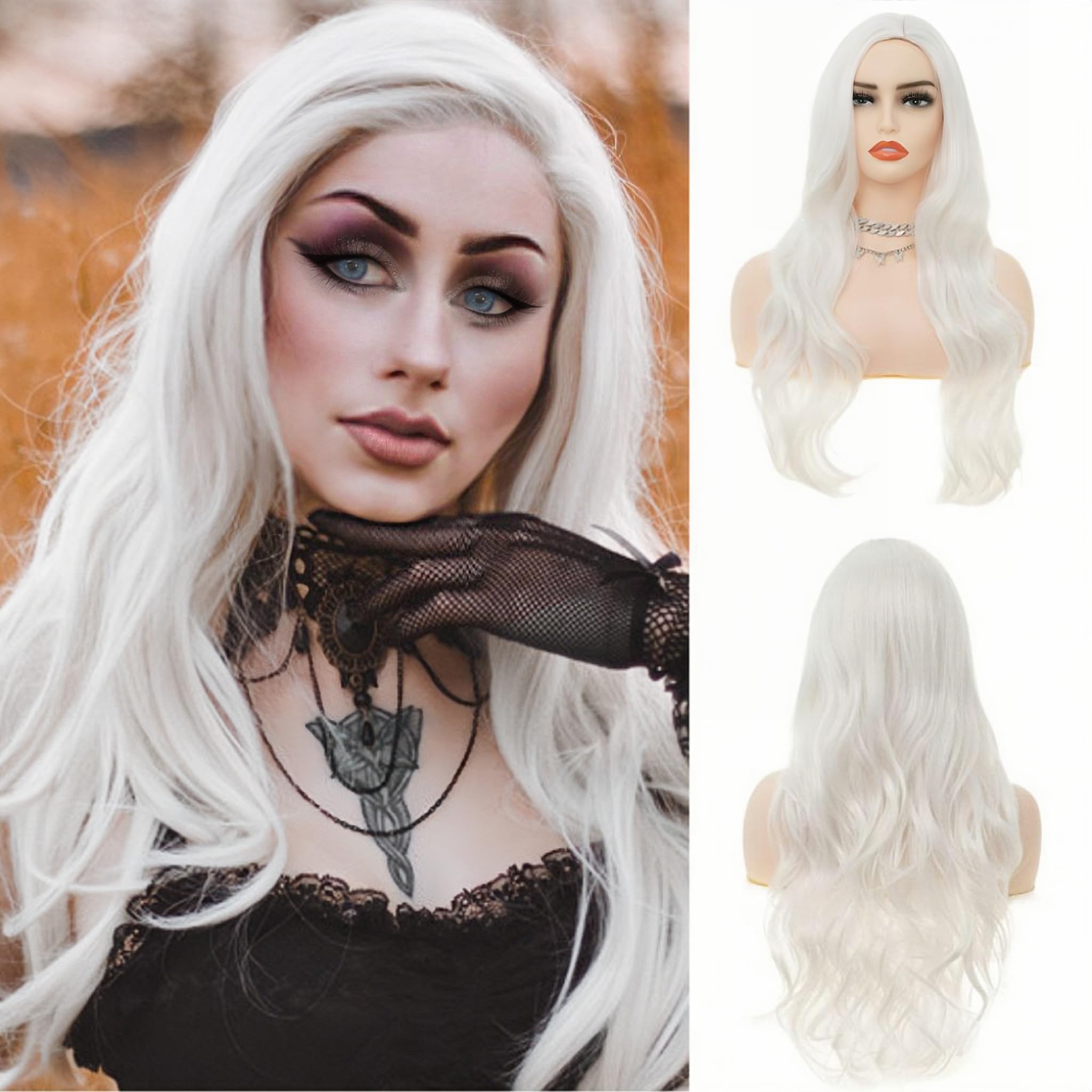 Salaibs White Long Curly Wigs for Women Side Part Wavy Cosplay Synthetic Hair Wig for Halloween Costume Party Use