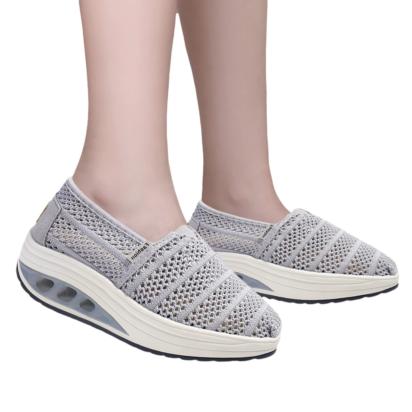 Generic Summer Women's Shoes Breathable Rocking Shoes with Thick Soles and Mesh Fabric for Versatile Wearing with Single Shoes Go Walk Slip on Sandals for Women (Grey, 7.5)