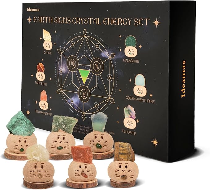 Healing Crystal Set, Taurus Virgo Capricorn Crystal Gift for Earth Signs - 6 Zodiac Crystal Set with Handmade Cute Clay Bases and Zodica Set