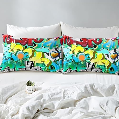 Miniatura 2 de Erosebridal Juego de edredón de graffiti matrimonial, juego de ropa de cama de graffiti hiphop hippie para niños, adolescentes y hombres, edredón de