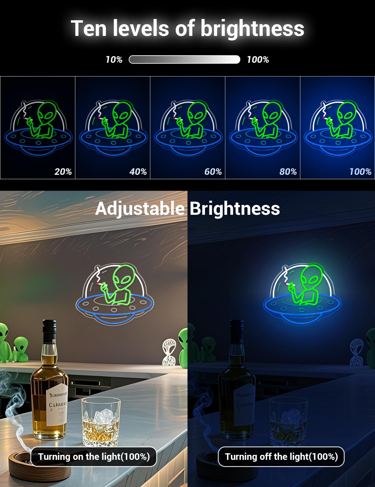 Letrero de neón alienígena, luz LED verde para decoración de pared, dormitorio, cueva de hombre, bar, pub, restaurante, decoración de Navidad y fiesta de cumpleaños, luz de neón alimentada por