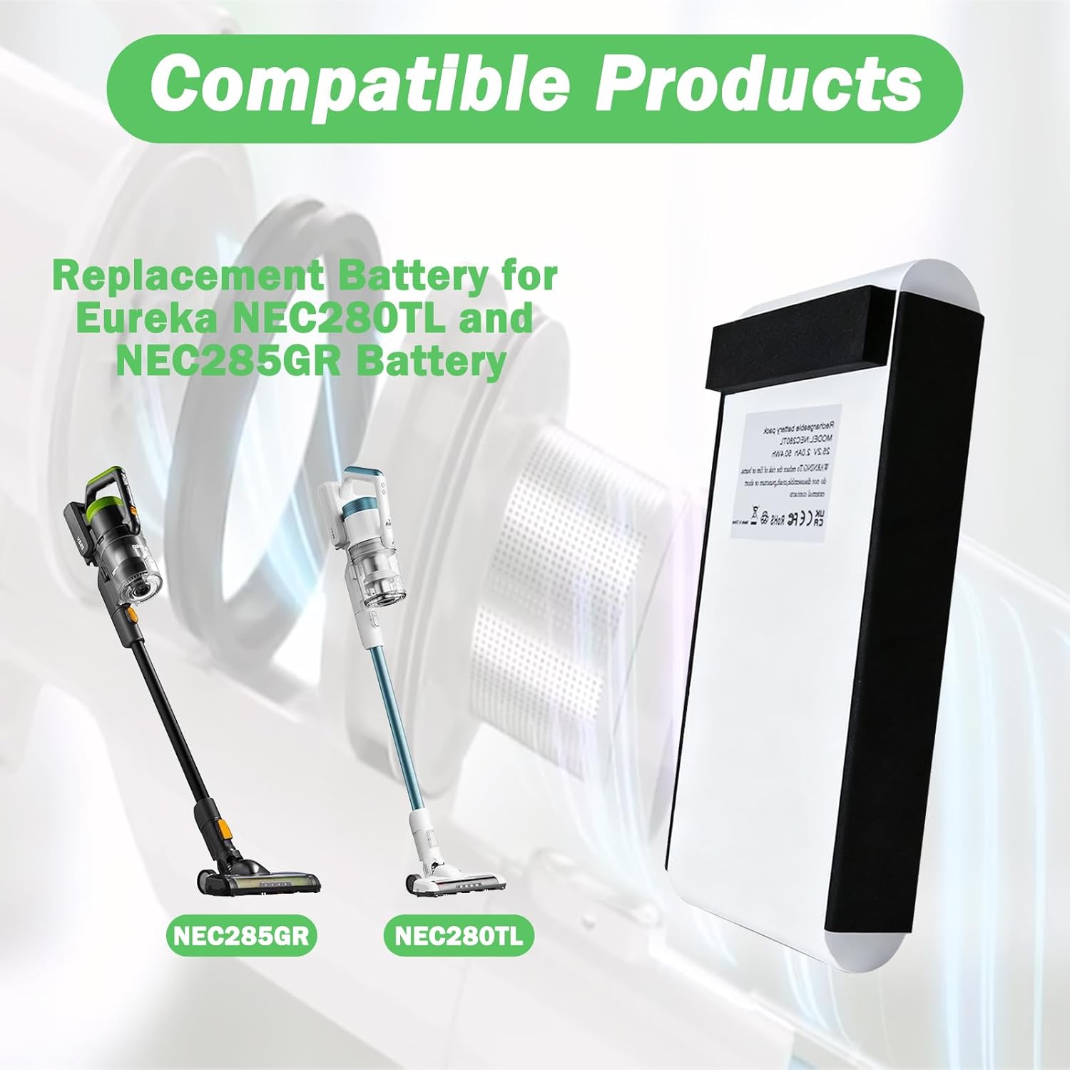 2000mAh Replacement Battery for Eureka NEC280TL and NEC285GR Cordless Vacuum Cleaner 25.2V