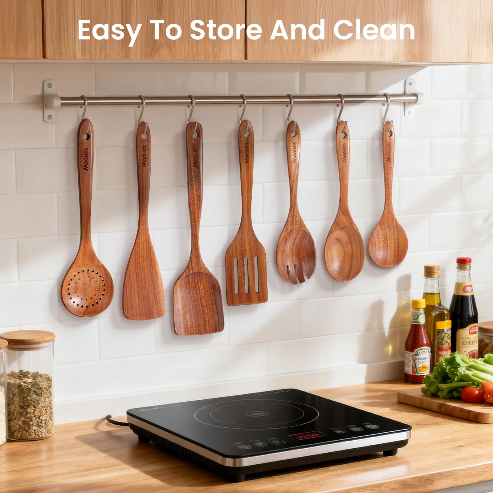 Ustensiles de Cuisine en Bois de Teck 9 Pièces, Ensemble Premium avec Cuillères, Spatule et Support, Naturels, Résistants à la Chaleur et Anti-Rayures, Facile à Nettoyer pour Cuisine Quotidienne (9)