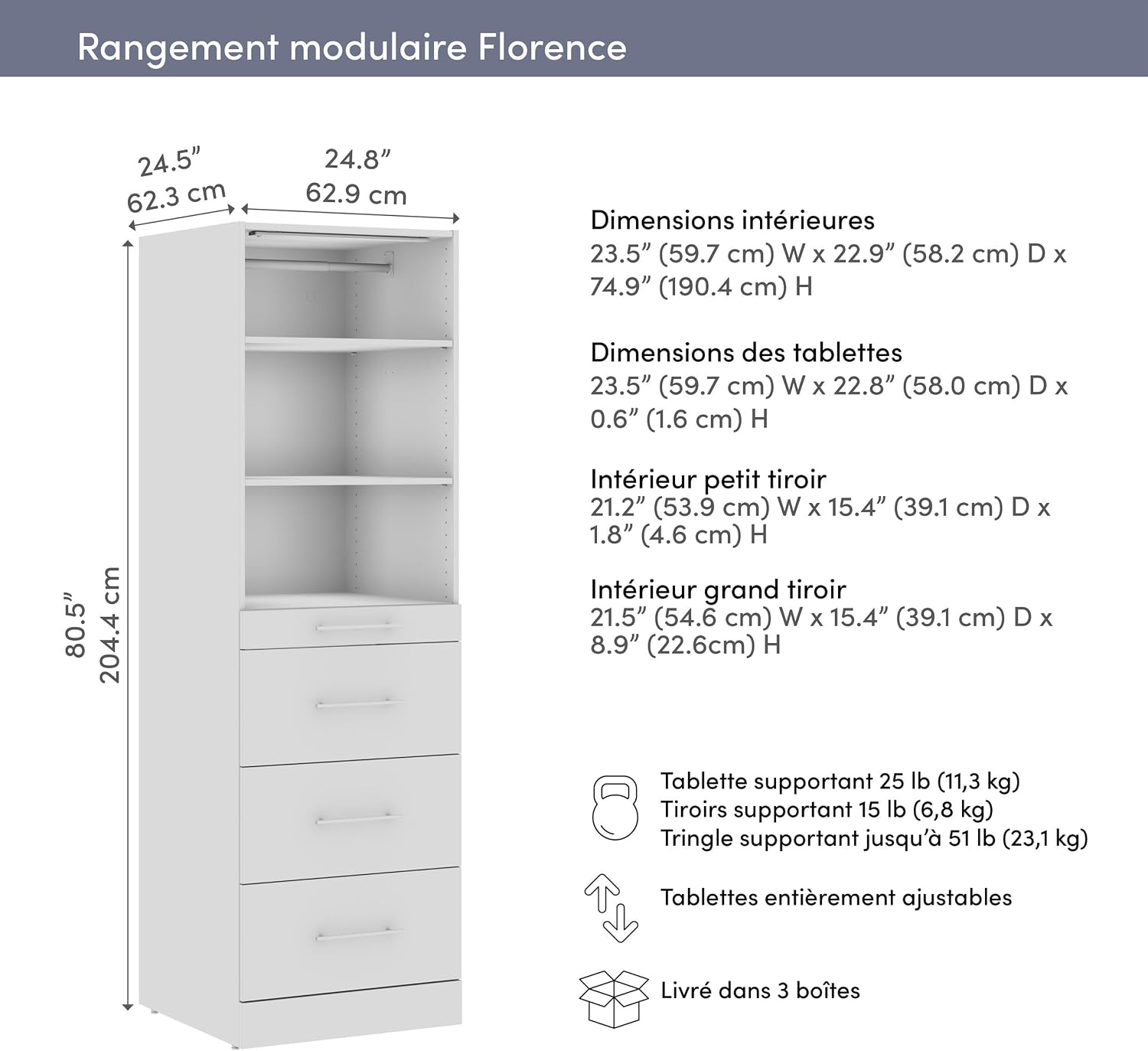 Bestar 25W x 25D Modular Closet Organizer System Tower, Reach-in Closet or Walk-in with LED Light, Shelves, and 4 Drawers, Slab Style, Florence Collection, White