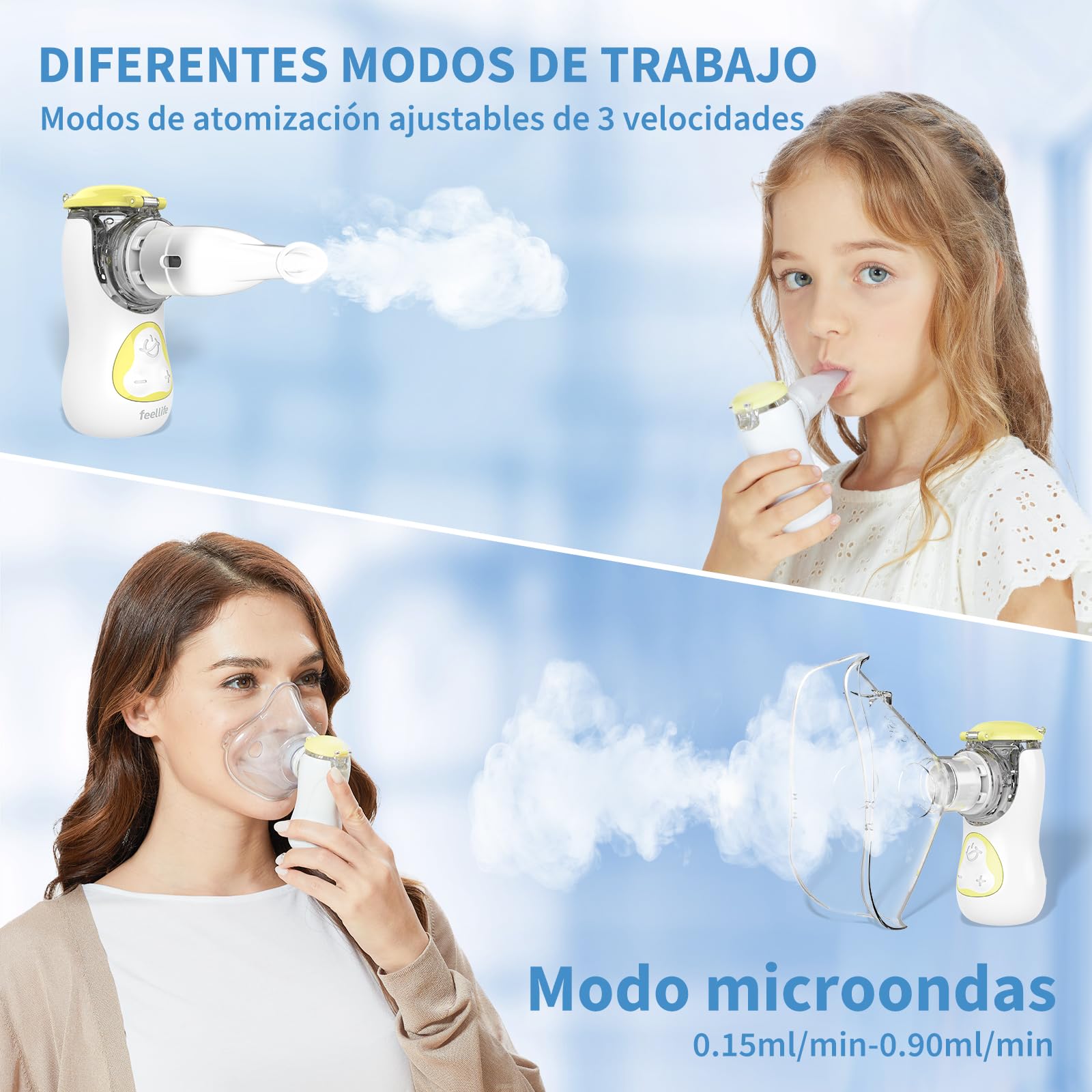 FEELLIFE Nebulizador Portatil para Bebe y Adultos, Nebulizador Silencioso Tasa de Atomización Ajustable, Inhalador Recargable para El Tratamiento de Tos, Asma, Enfermedades Respiratorias-Amarillo