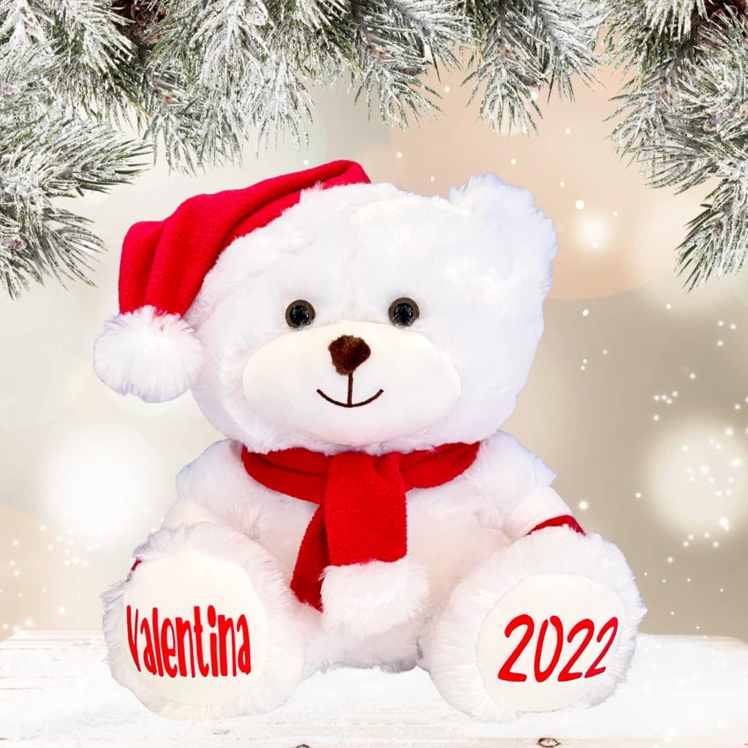 Personalized Christmas Stuffed Animal - Custom White Santa Teddy Bear Plush Toy, Customized X-Mas Holiday Animals Bears with Red Hat, Scarf & Gloves, Gift for Kids & Adults, Measures 11.81 Inches