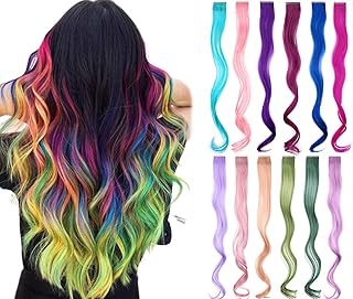 Colored hair extensions 22 Inch Rainbow Hair Synthetic straight Hair Extensions for Women Girls Kids Gift Multi-Colors Party Clip in Synthetic Hairpiece