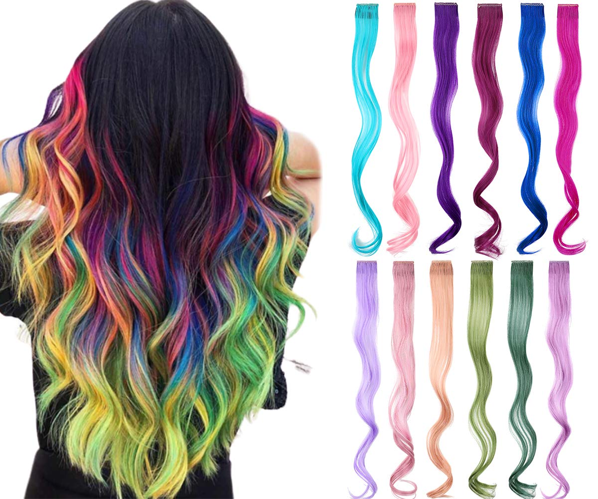 Colored hair extensions 22 Inch Rainbow Hair Synthetic straight Hair Extensions for Women Girls Kids Gift Multi-Colors Party Clip in Synthetic