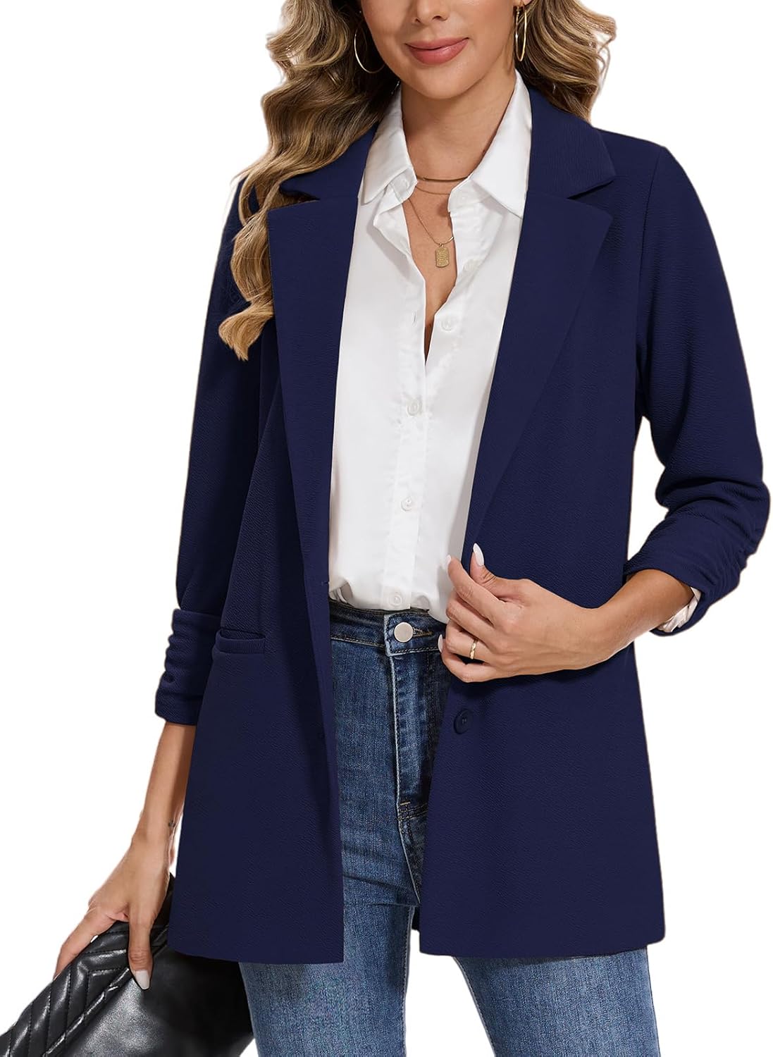 MINTLIMIT Women's Casual Long Blazer 3/4 Ruched Sleeve Lapel Button Front Work Office Blazers Suit Jacket with Pockets
