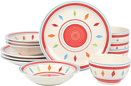 Gibson Home Heidy - Juego de vajilla pintada a mano, color rojo, servicio para 4 personas (12 piezas)