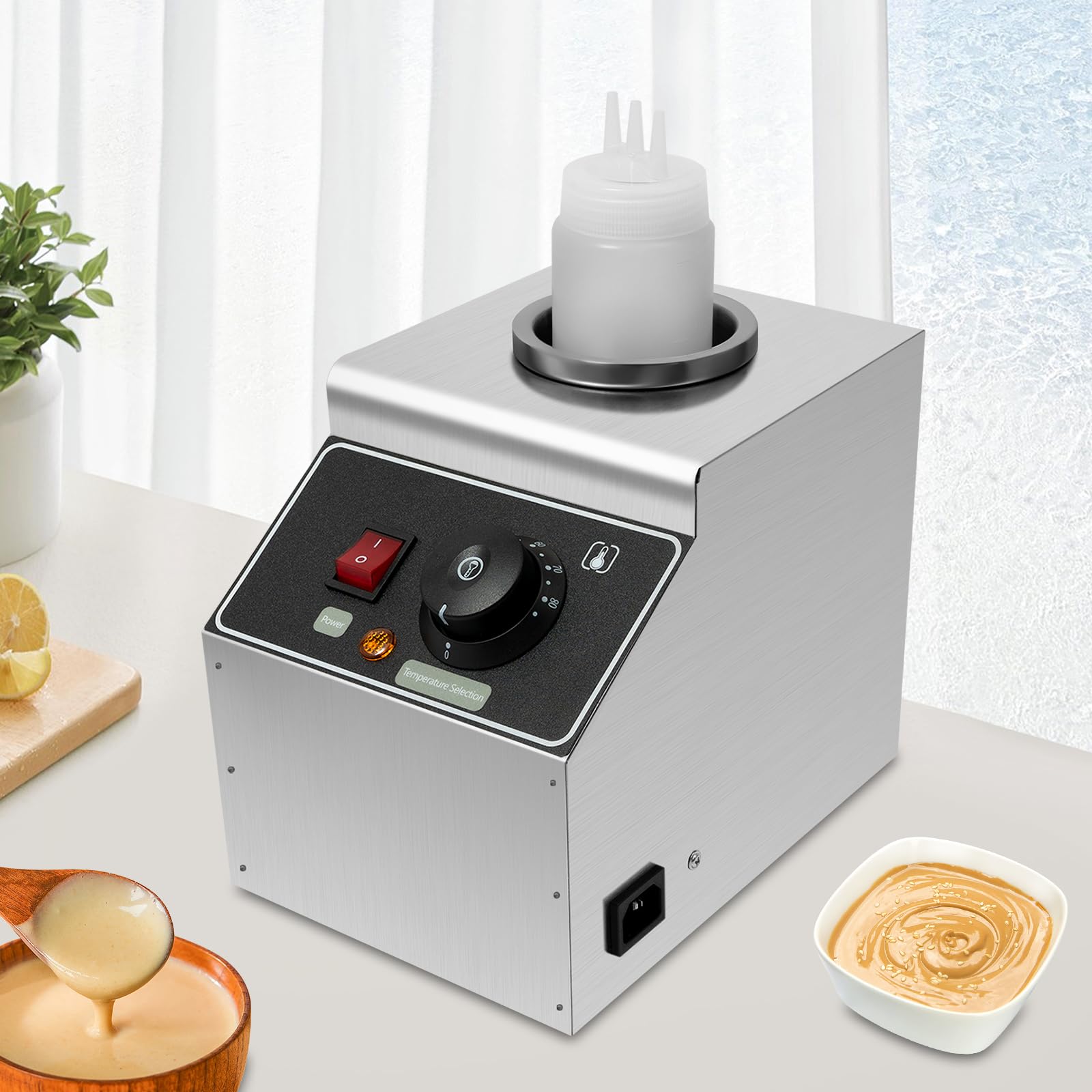 Chauffe-sauce électrique Chauffe-fromage Distributeur en acier inoxydable avec bouteille de 0,57 L, 80W, 220V, pour restaurants, cafés et fêtes - Fonction de maintien au chaud compacte pour