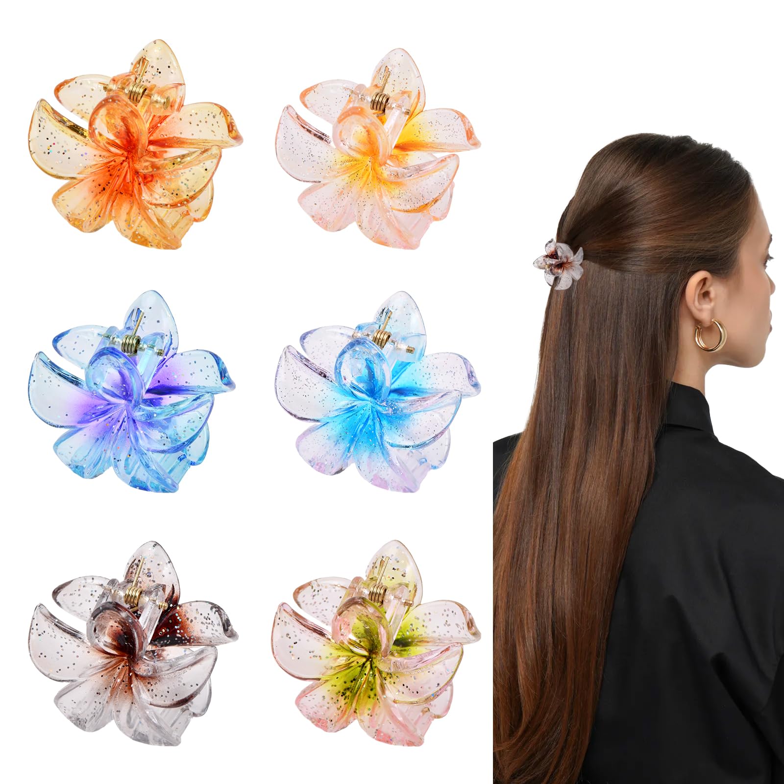 Dokeno 6 Pieces Flower Hair Clips, Colourful Hawaiian Flower Hair Clips, Flower Claw Clips, Hair Clips for Women Girls Hair for Daily, Party, Wedding