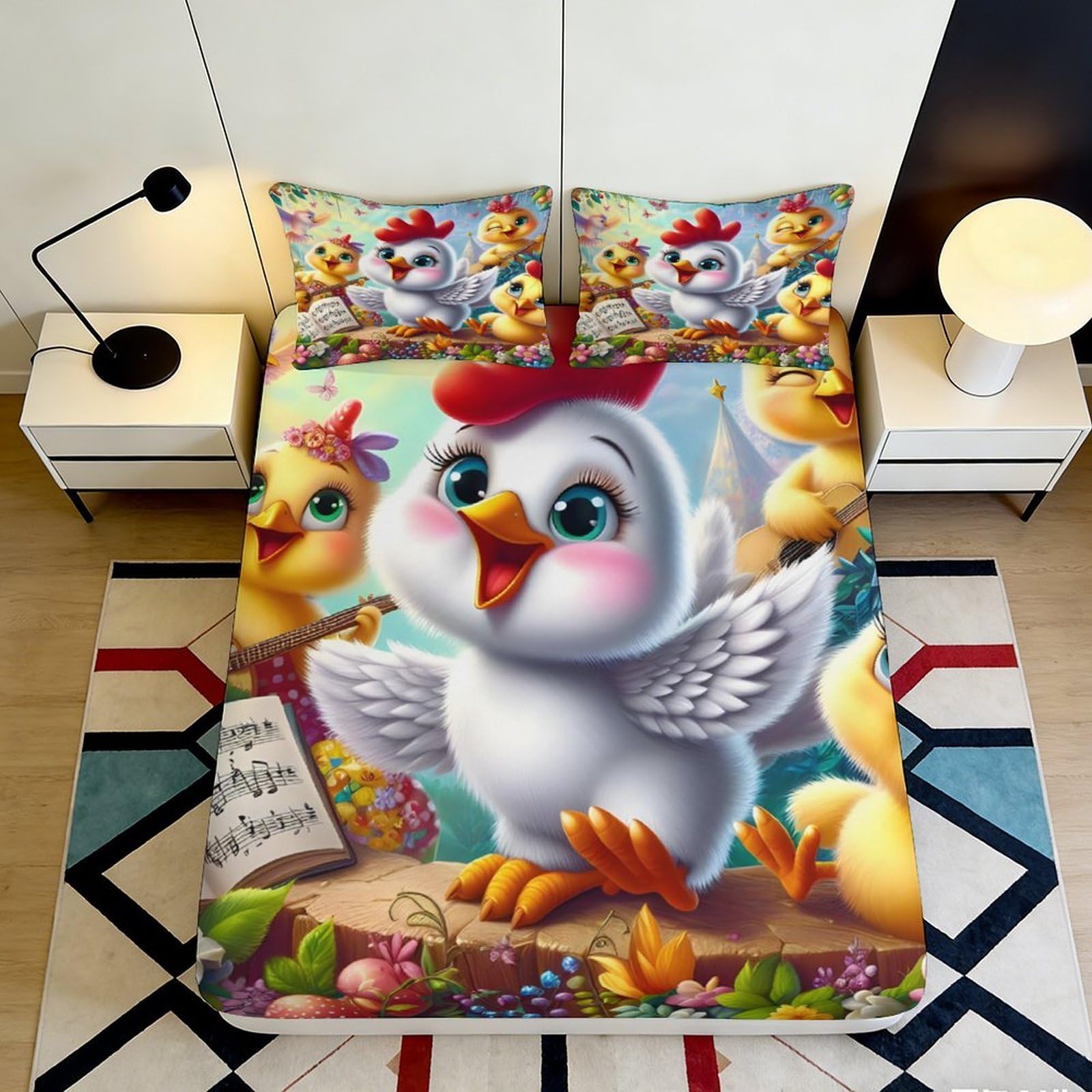 3D Printed Cartoon Chick Fitted Sheet Microfiber Soft Yellow Farm Animal Mattress Cover for Bedroom Dorm Decor 90x200x25cm
