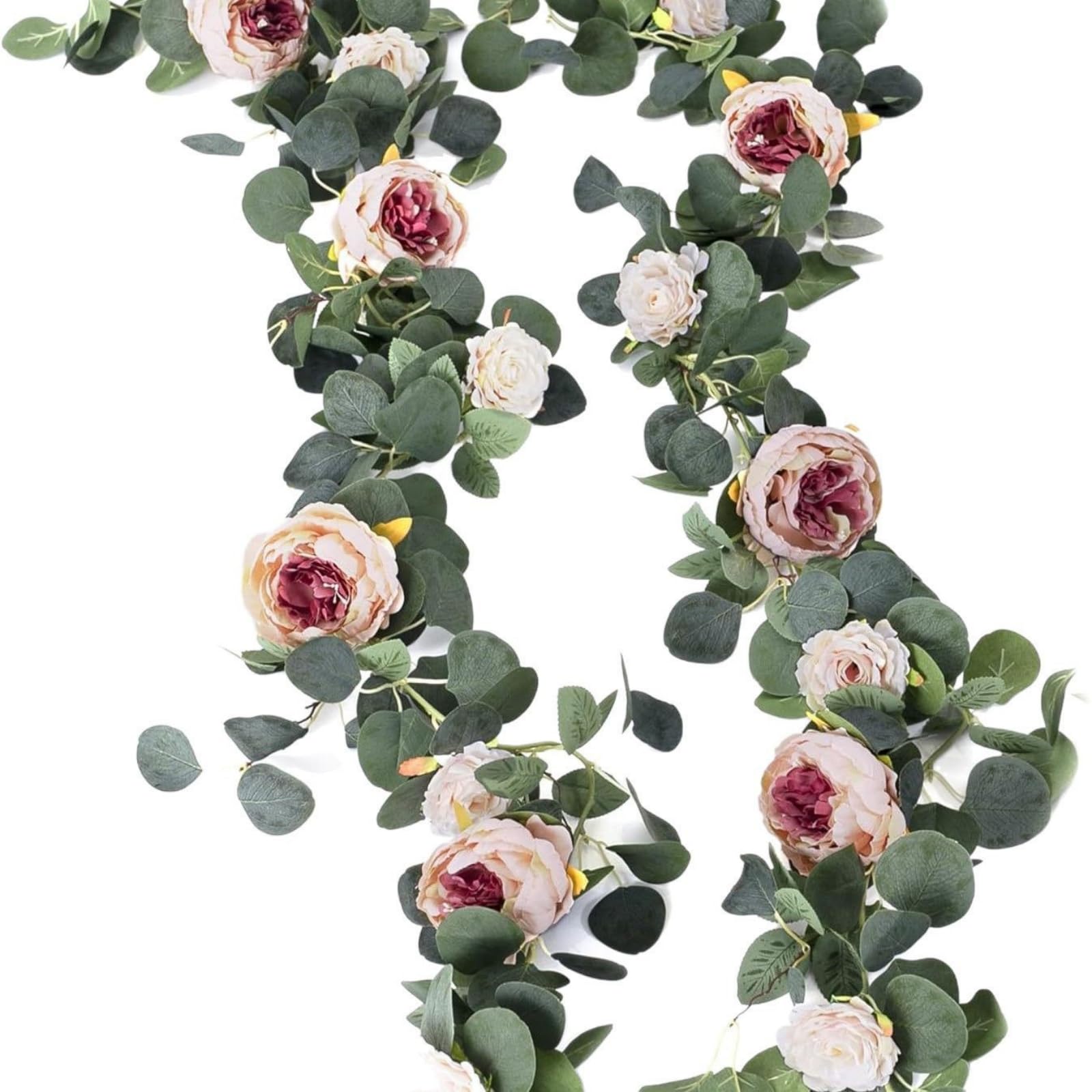 Eukalyptus Seiden Rosen Pfingstrosen Girlande Deko, Blumengirlande Eukalyptus Girlande Vintage Gefälschte Blume Pfingstrose Für Klimaanlage Decke Wohnzimmer Hochzeit Feste (Weiß,3 Stück)