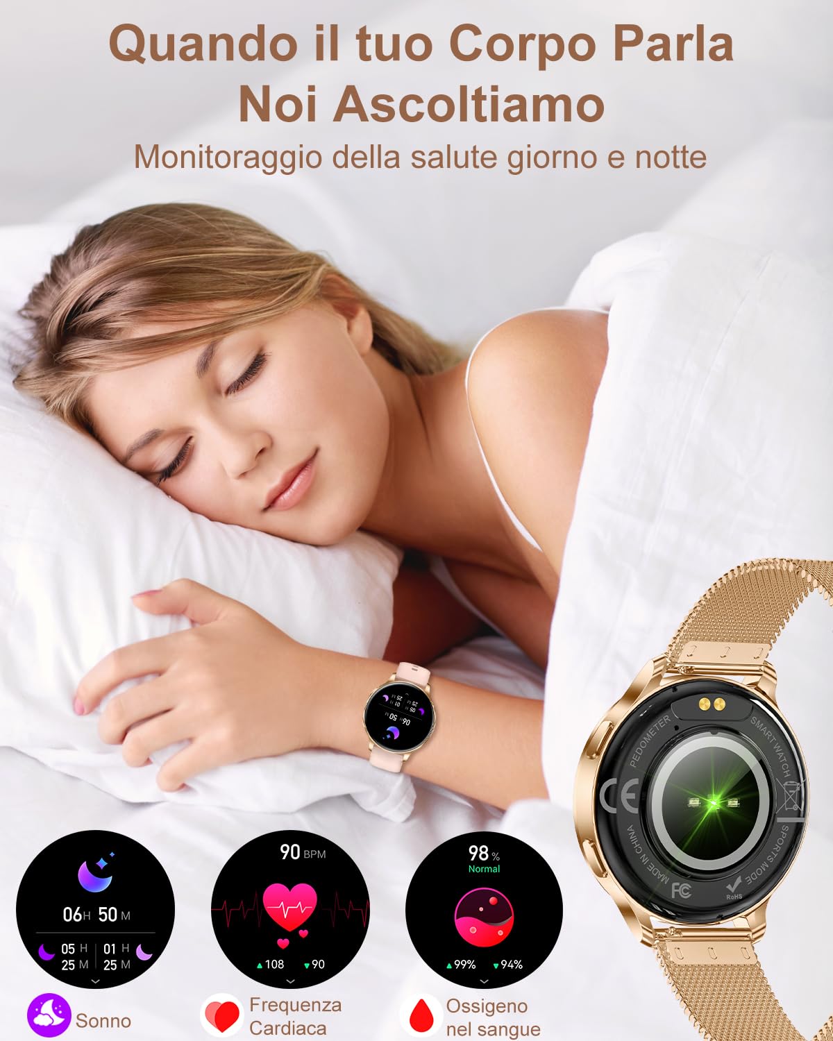Orologio Smartwatch Donna Piccolo con Effettua/Risposta Chiamate 3 Cinturini 41mm AMOLED Smart Watch Rotondo per iOS Android Orologio Fitness Contapassi Sonno Cardiofrequen Calcolatrice, Oro Rosa