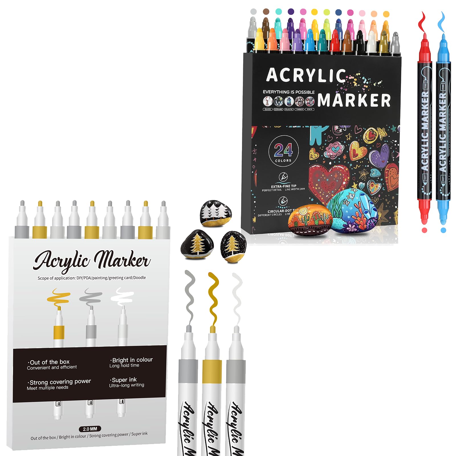 24 Colors Acrylic Markers, Double Tip Acrylic Paint Pens Markers,9 Pack Acrylic Markers, 2-3mm Medium Tip,