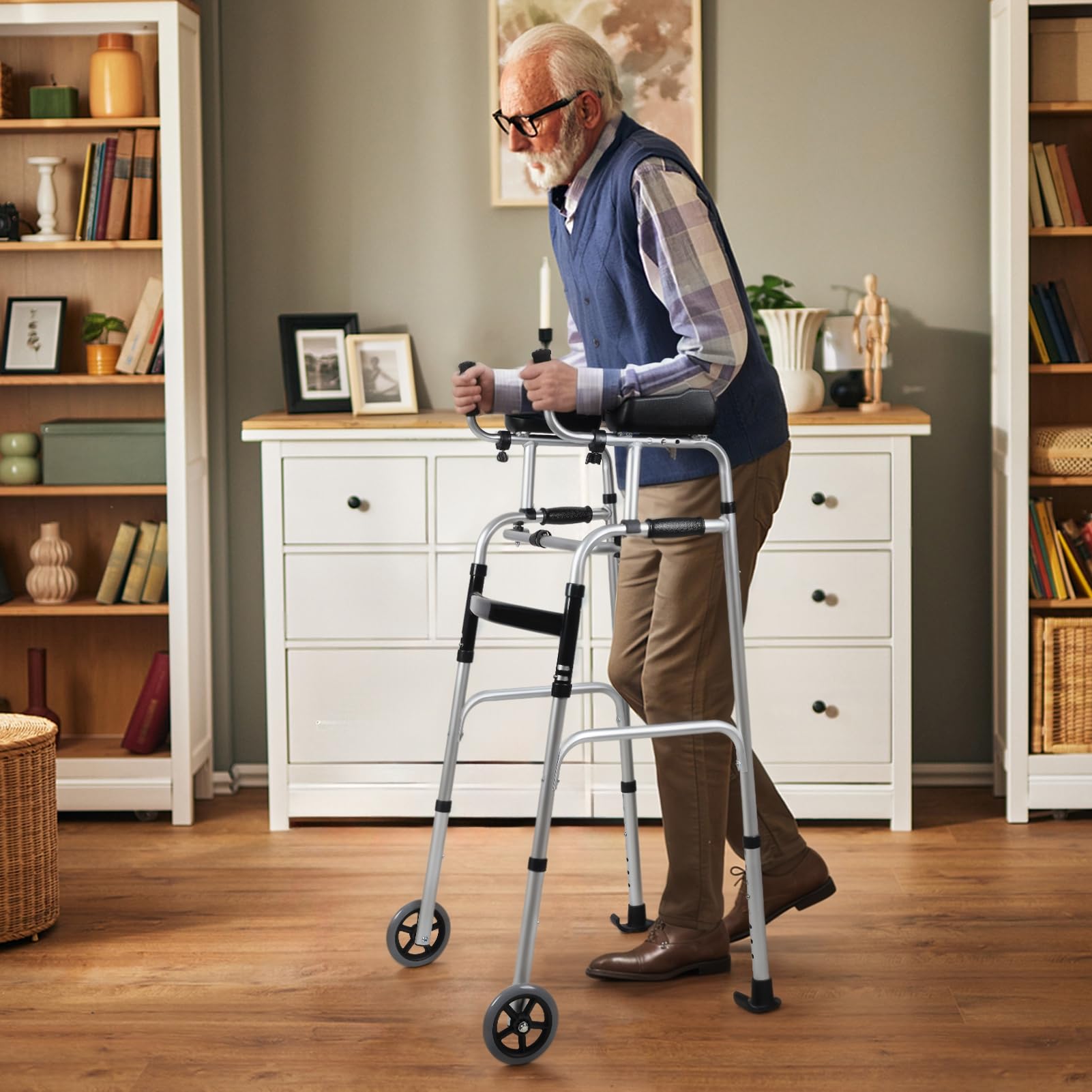 Andador plegable, andador vertical para personas mayores, andador ligero para personas mayores, plegable, andador de plataforma de 2 ruedas, andador estrecho para espacios pequeños