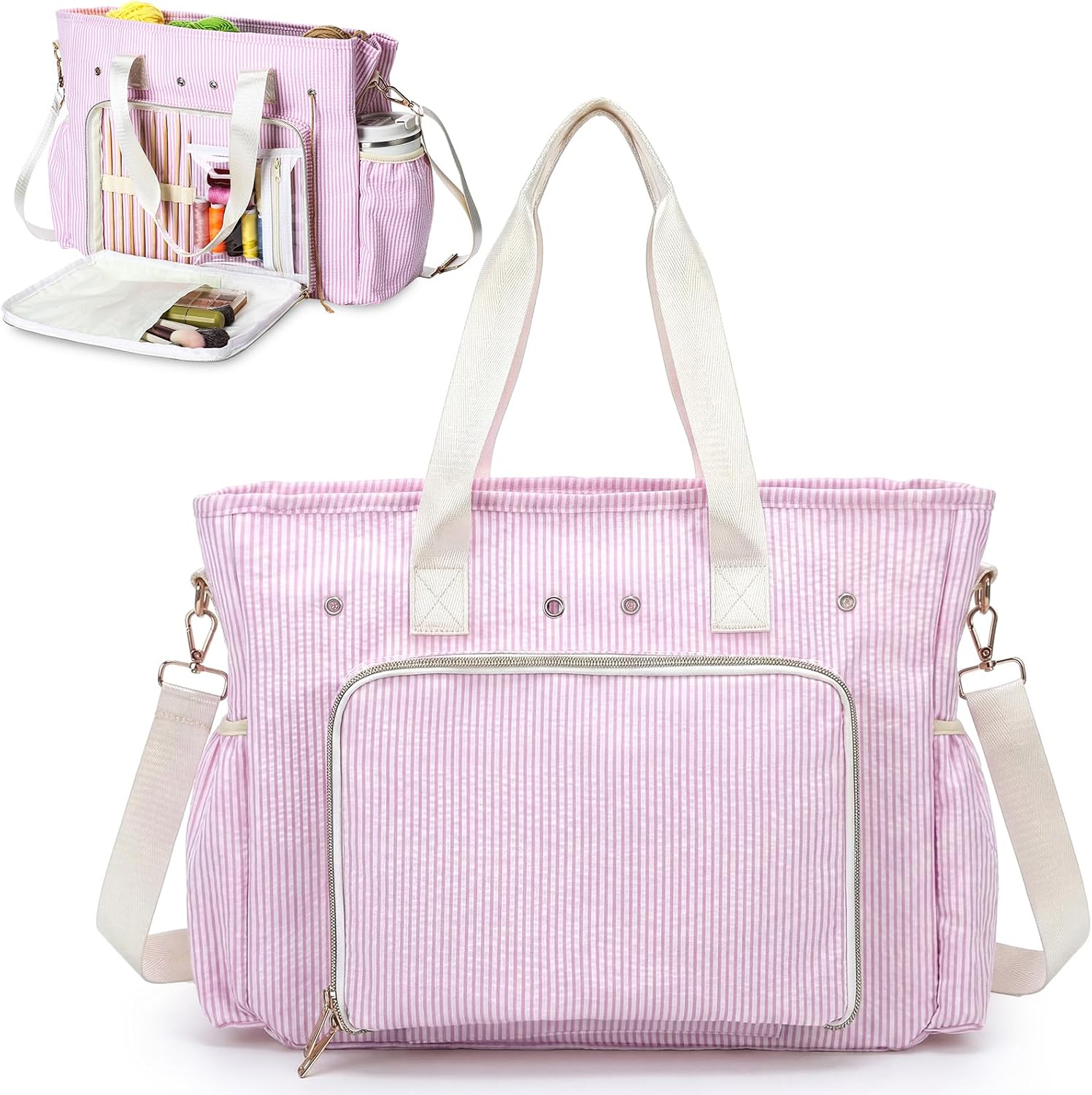 Klyyo Clyro Large Crochet Tote Bag Seersucker Knitting Bag Yarn Storage Tote 15 x 12 Inch Cotton Pink Stripe Crochet Hooks Knitting Accessories Organizer Holder with Zipper for Women DIY Lovers Gift