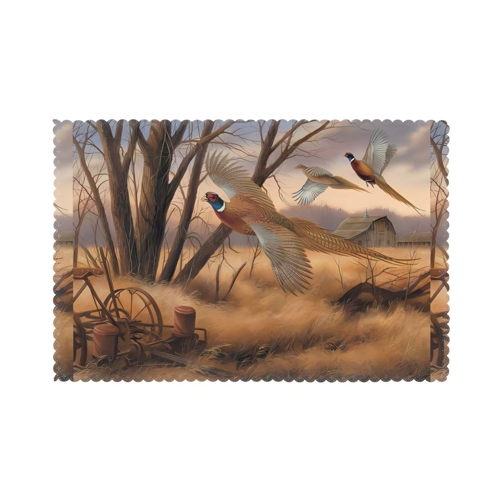 Whjshop White Pheasant Hunting Picture Placemats For Dining Table Set Of 6 Thick And Sturdy Design For Excellent Wear Resistance, Good Wrinkle Resistance