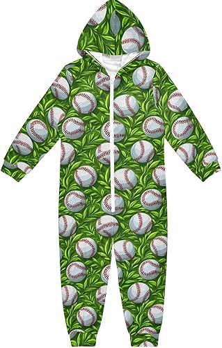 Unisex Kids Jumpsuits Baseball Green Grass Pattern Warm Fuzzy Hooded Rompers for Boys and Girls