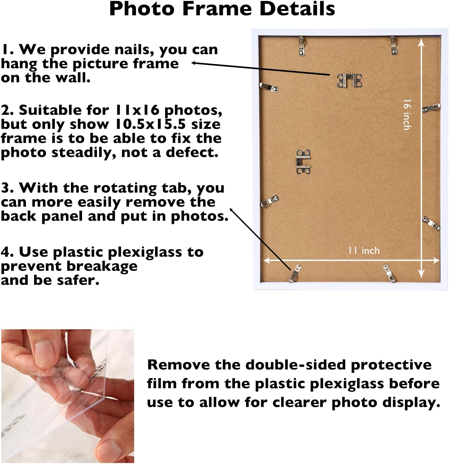 JCJMY 11x16 White Picture Frame Set of 3, Horizontal and Vertical Formats for Wall Hanging, 11 x 16 Wall Gallery Poster Photo Frames with Durable Shatter Resistant Plexiglass, 3 Pack, White