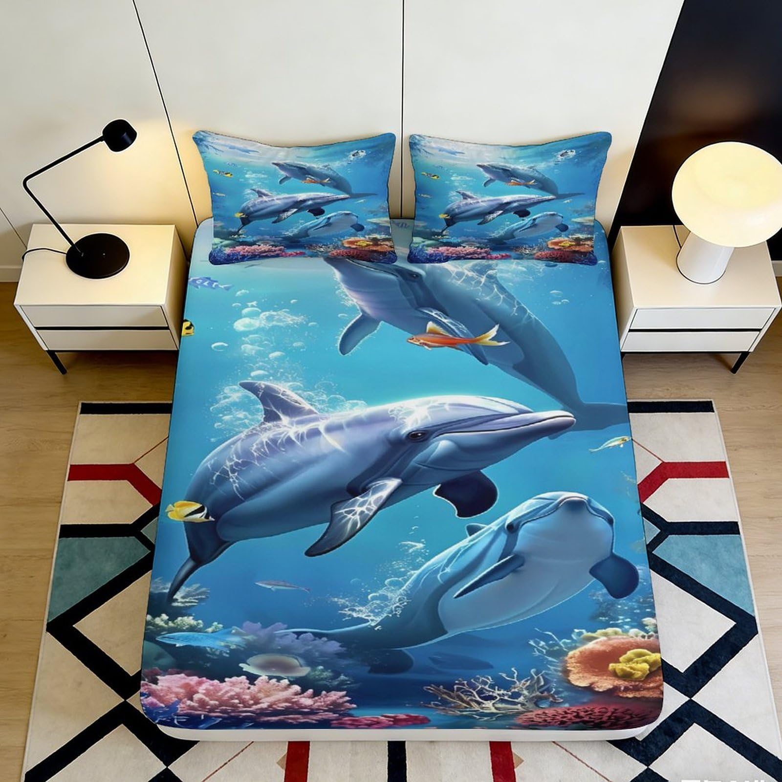 Uynsixtme Style-2 3D Printed Ocean Theme Fitted Sheet Microfiber Deep Pocket Non-Slip Bedroom Bedding Marine Mattress Fitted Cover 140X200x25cm