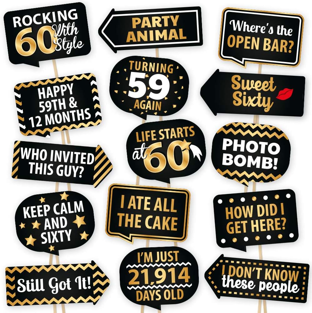 60th Birthday Photo Booth Props by PartyGraphix - European Made Black and Gold 60th Birthday Decorations for Men and Women - Easy to Assemble 60th Birthday Photo Props Kit Includes 15 Pieces