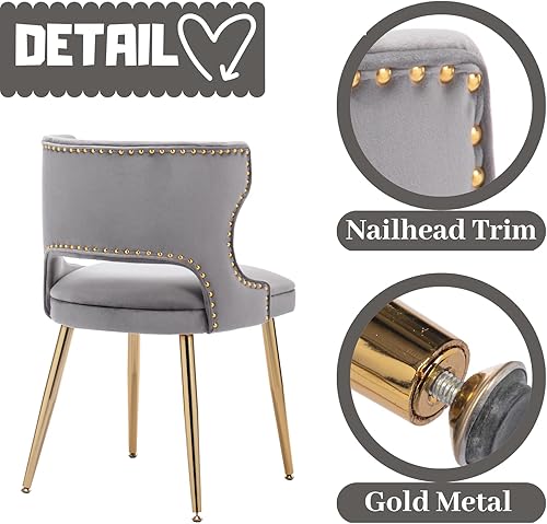 Miniatura 27 de Juego de 4 sillas de comedor de terciopelo beige con patas doradas, juego de 4 sillas de comedor modernas de mediados de siglo con respaldo de