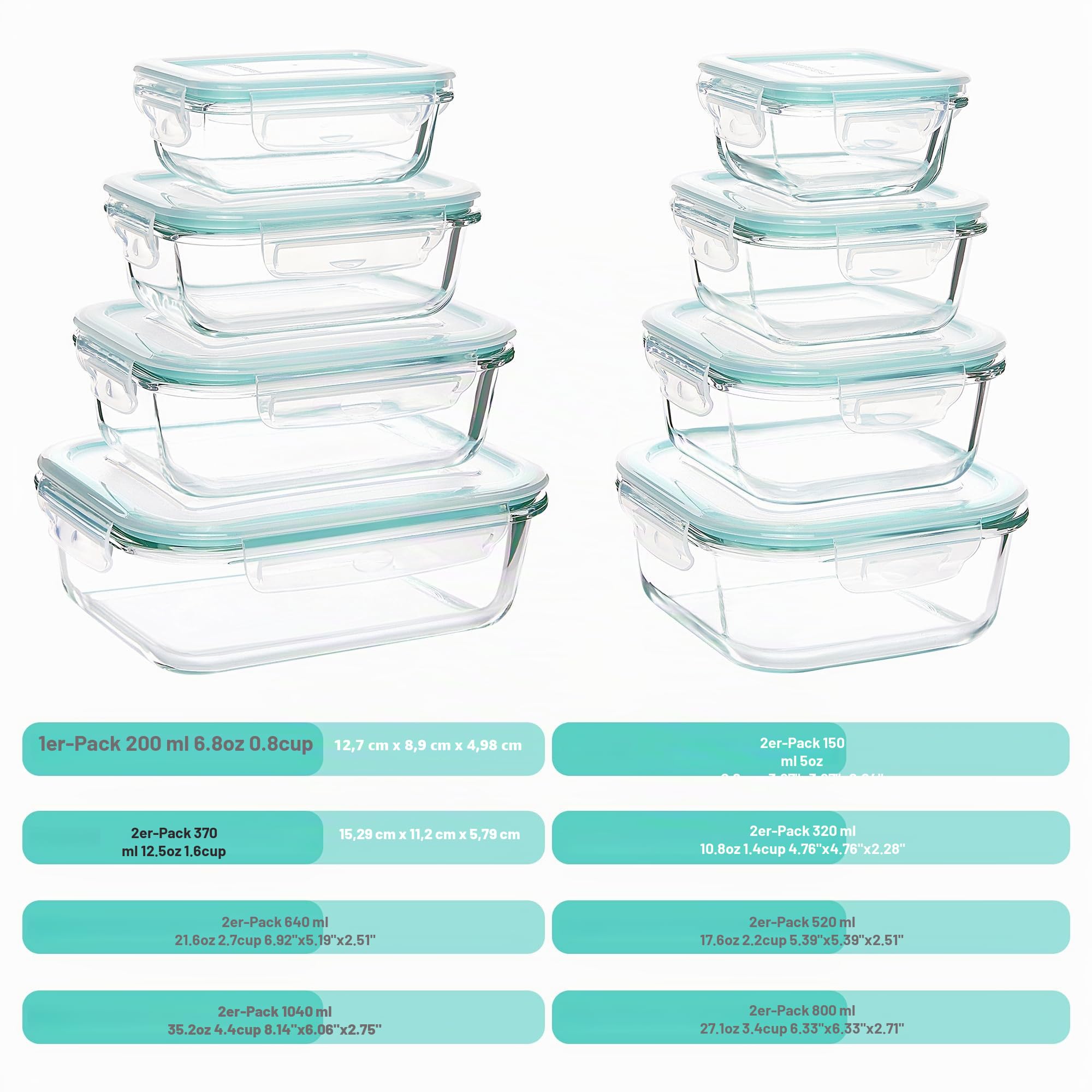Vtopmart 15 Stück Meal Prep Boxen Glas, Glasdosen mit Deckel Set, Frischhaltedosen Glas mit Auslaufsicherer Verschlussdeckel, für Mikrowellen-, Gefrierschrank- und SpüLmaschinenfest