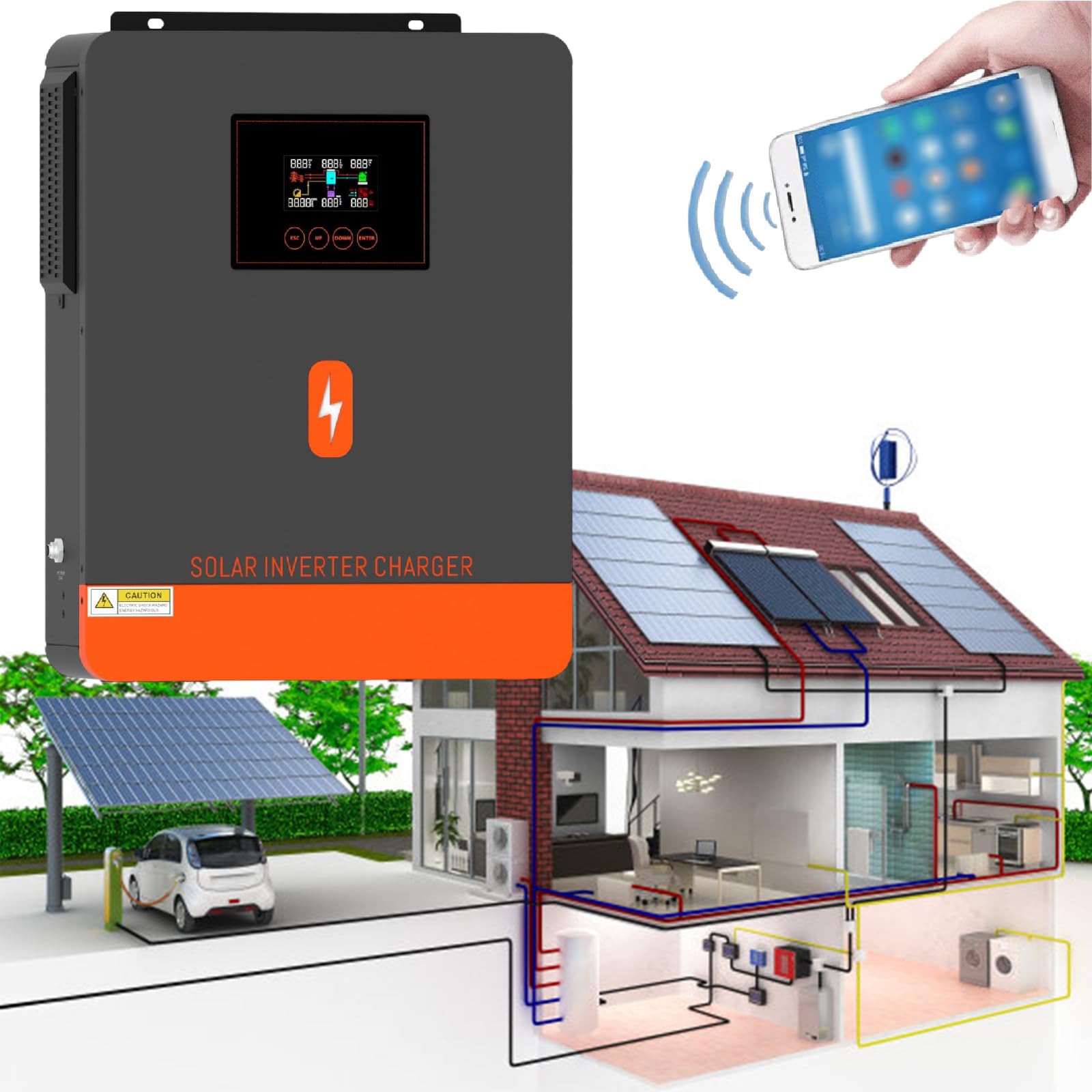 Onduleur Solaire sur/Hors RéSeau 4200W 6200W 24V 48V à 230V, Onduleur De Puissance avec ContrôLeur Mppt 120A IntéGré, EntréE Pv Max. 6,5Kw,4200W