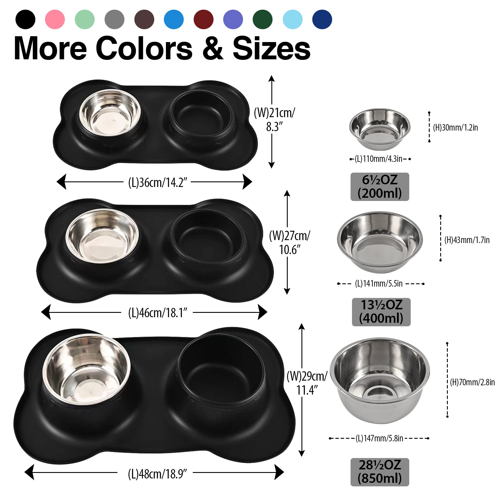 Juqiboom Dog Bowls 2 Stainless Steel Bowl For Pet Water&Food Feeder With Non Spill Skid Resistant Silicone Mat For Pets Puppy Small Medium Cats Dogs (13½ Oz Ea, Black),?45.97 cm,H_4.57 cm,W_26.92 cm 2